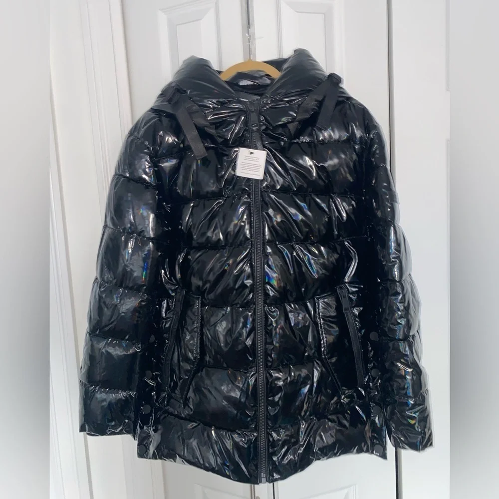 $320 DKNY Women's Water Resistant Patent Leather Glossy Puffer Jacket Black L
